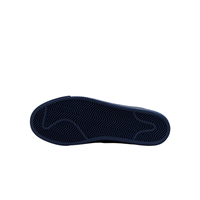 A high-top Nike sb Blazer skateboard sneaker in navy blue suede with a beige Swoosh logo and matching navy laces, shown from a side profile on a white background.