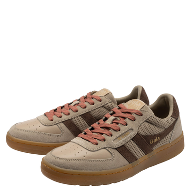 Light tan gola hawk '93 women's sneakers with dark brown stripe, pink laces and gum sole on a white background