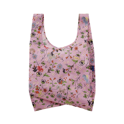 pink standard baggu reusable tote bag with floral design on a white background