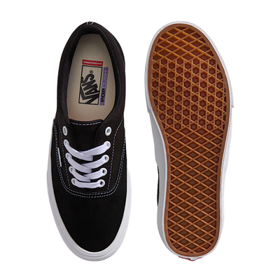 Black and white vans skate era sneaker with white laces on a white background