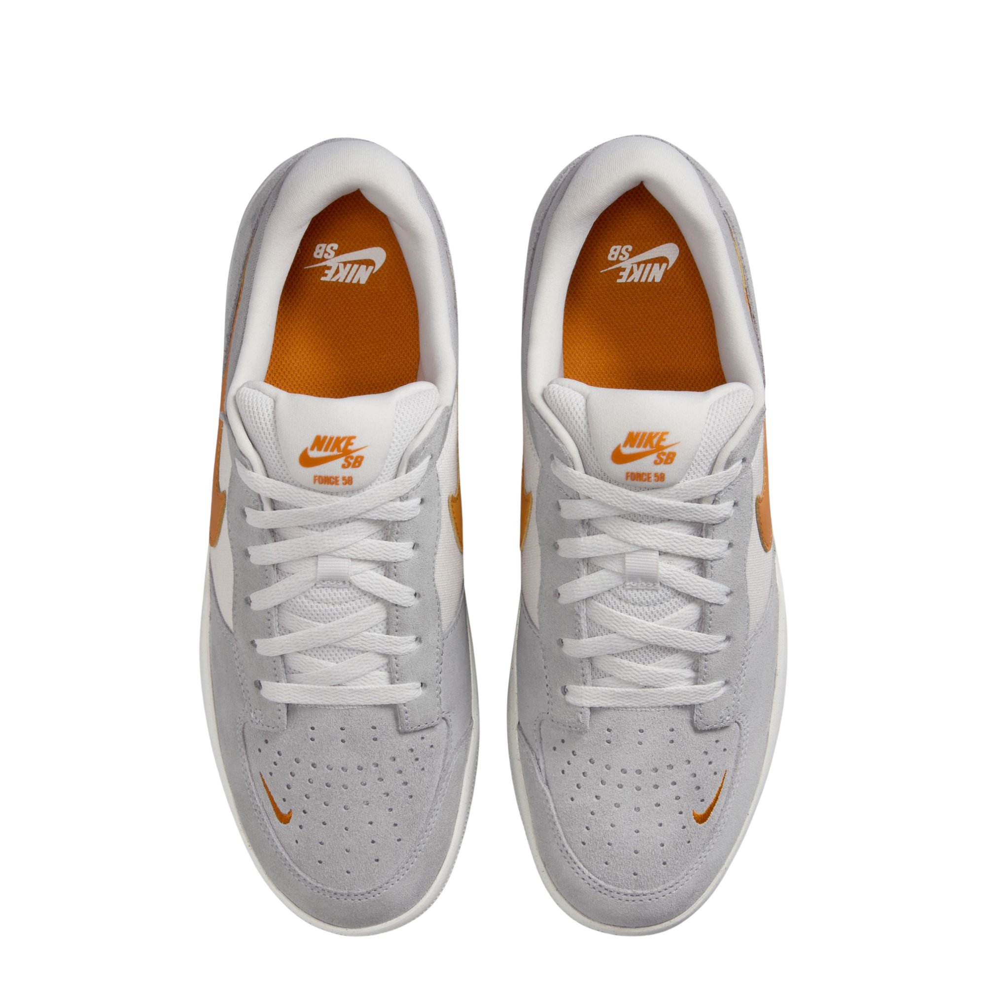 Gray NIKE SB men's force 58 sneaker with orange swoosh logo on a white background