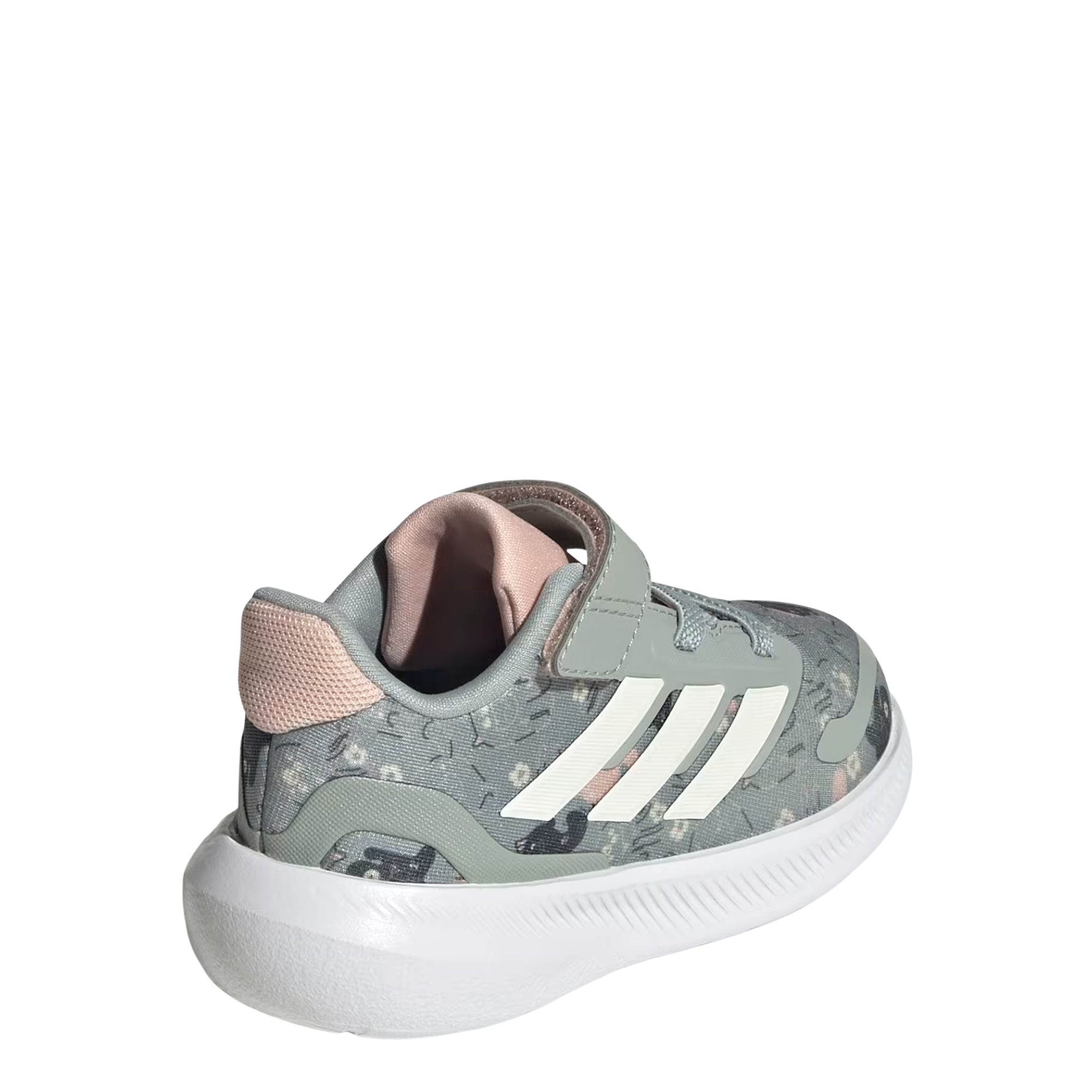 Green Adidas RUNFALCON 5 kids sneaker with floral pattern on a white background