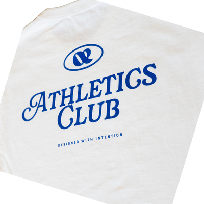 BACK OF A white OE Athletics heavyweight  tee shirt with OE Athletics club in blue