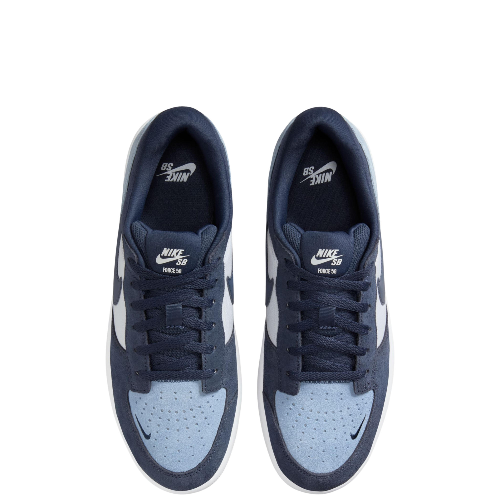 Navy and light blue NIKE SB FORCE 58 men's and women's sneaker with a white sole on a white background