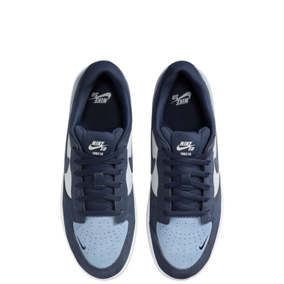 Navy and light blue NIKE SB FORCE 58 men's and women's sneaker with a white sole on a white background