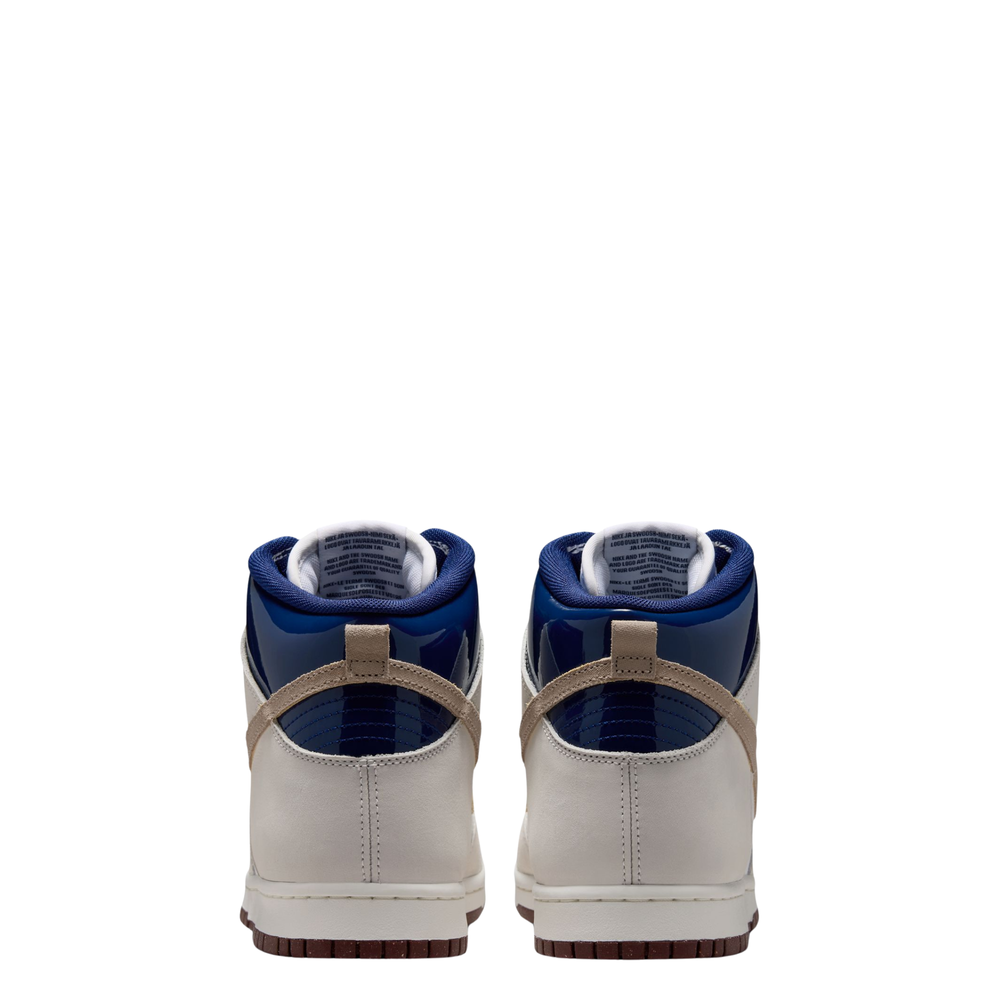 A pair of high-top A Nike SB X Beyond Skate Shop  dunk high sneakers shown from the back, featuring a light beige leather upper, glossy royal blue heel panels, and a beige pull tab, set against a plain white background.