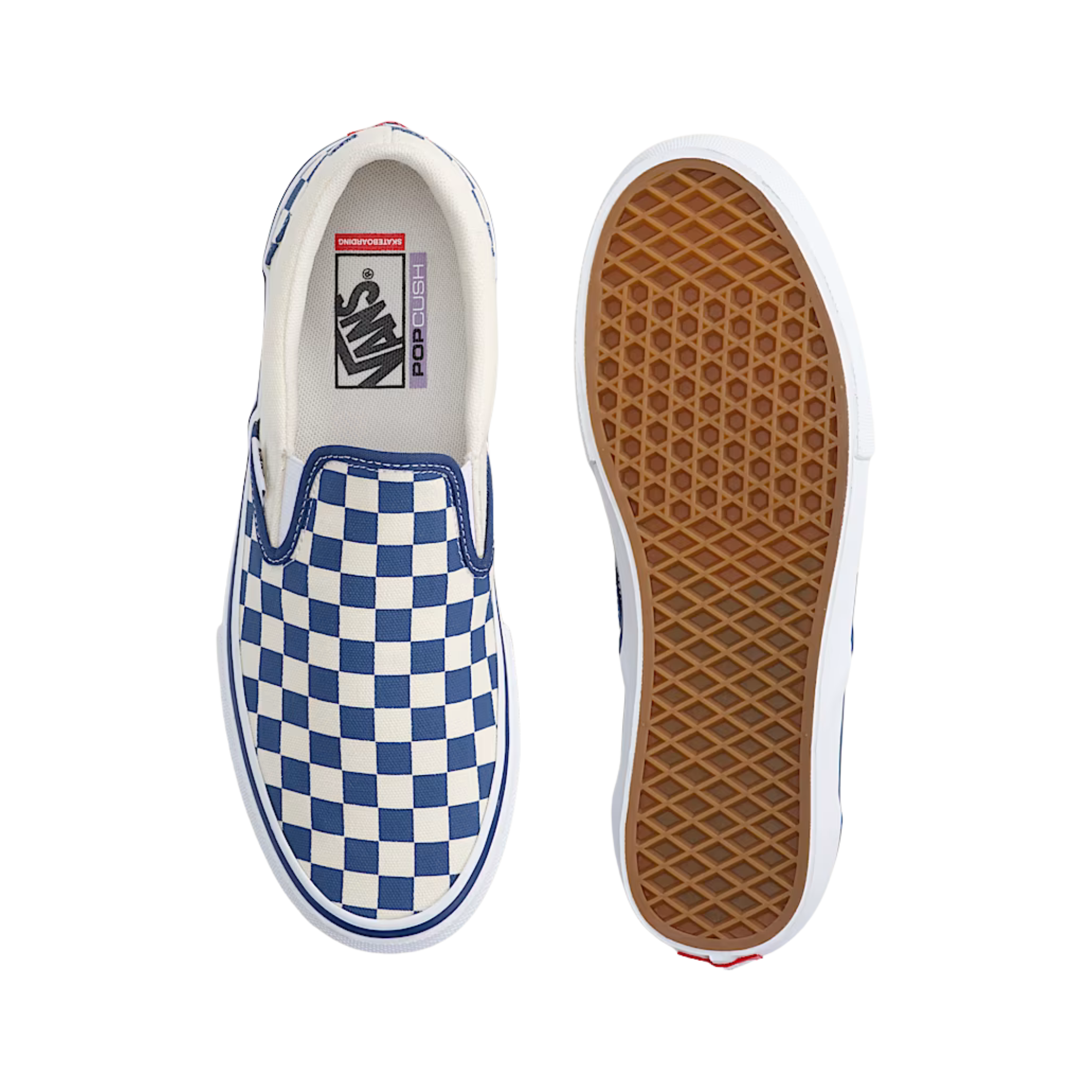 Vans Checkered skate slip-on shoe with blue and white pattern on a white background
