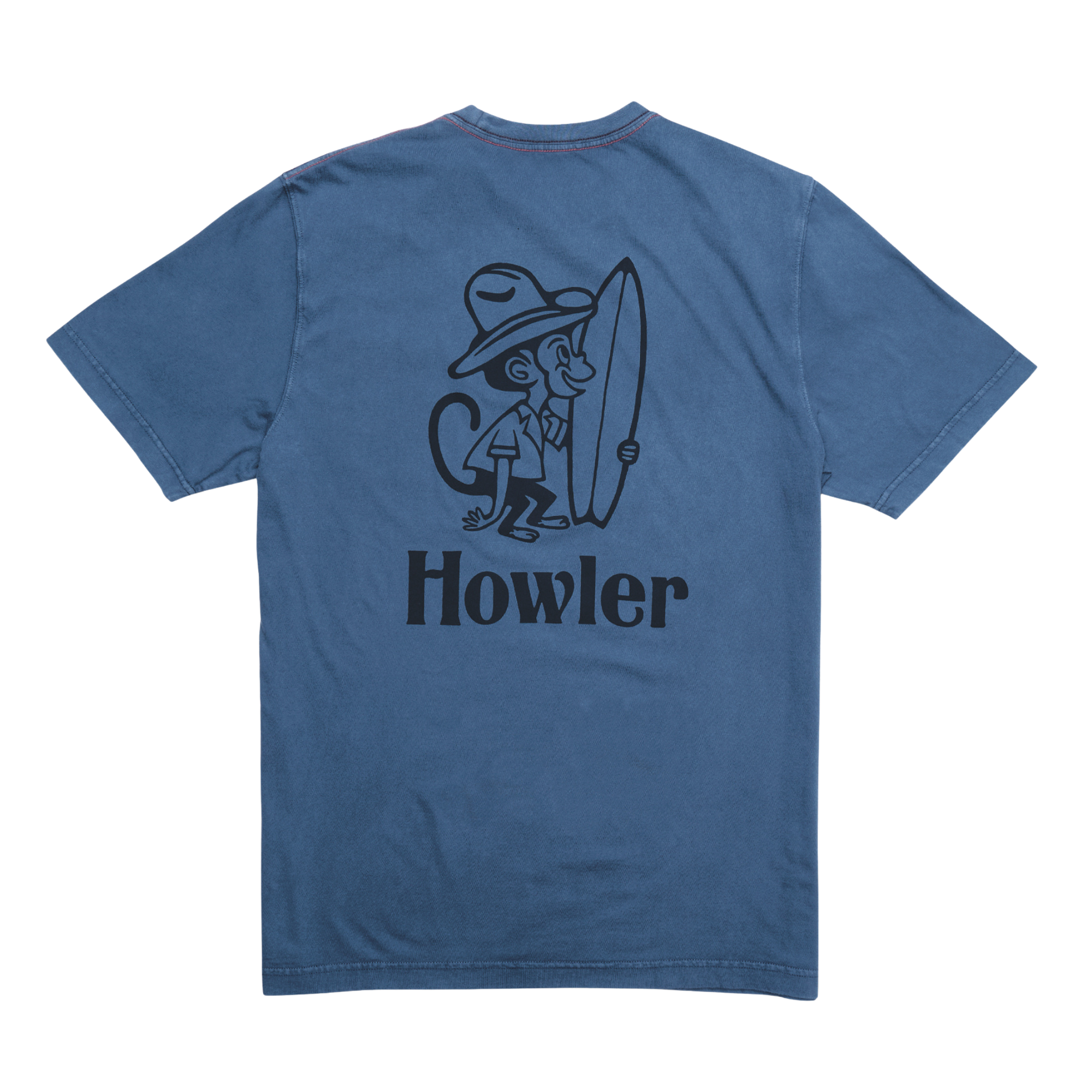 A blue short-sleeve t-shirt shown from the back, featuring a dark graphic of a cartoon monkey wearing a cowboy hat and holding a surfboard above the word 'Howler'.