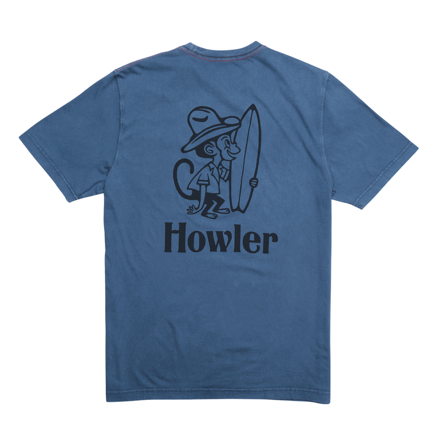 A blue short-sleeve howler men's crewneck t-shirt with a chest pocket and the brand name 'Howler' printed in black on the left chest, shown against a plain white background.
