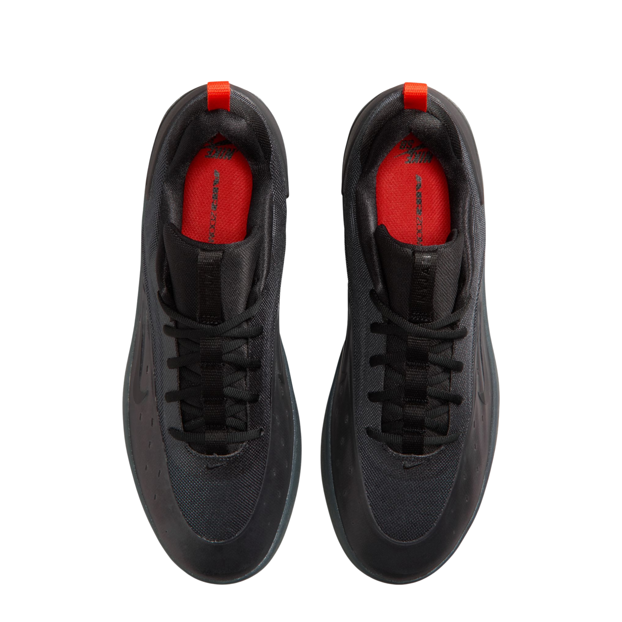A black Nike nyjah 4 skateboard sneaker with a textured synthetic upper, black laces, a black sole, and a small red pull tab on the heel, shown from a side profile against a white background.