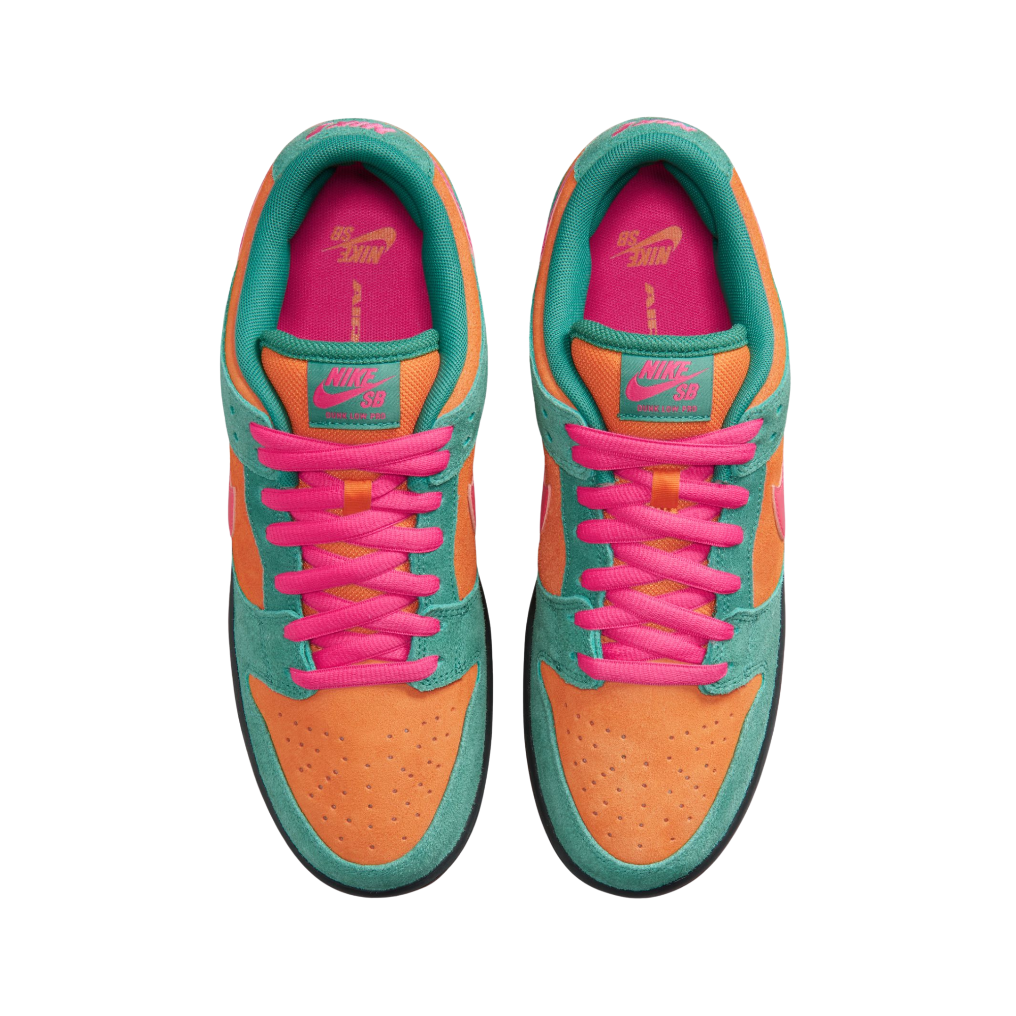 A low-top Nike sb dunk low watermelon sneaker in a vibrant multicolor palette, featuring teal green suede, orange suede overlays, a bright pink Swoosh and laces, and a black and orange sole, shown against a plain white background.