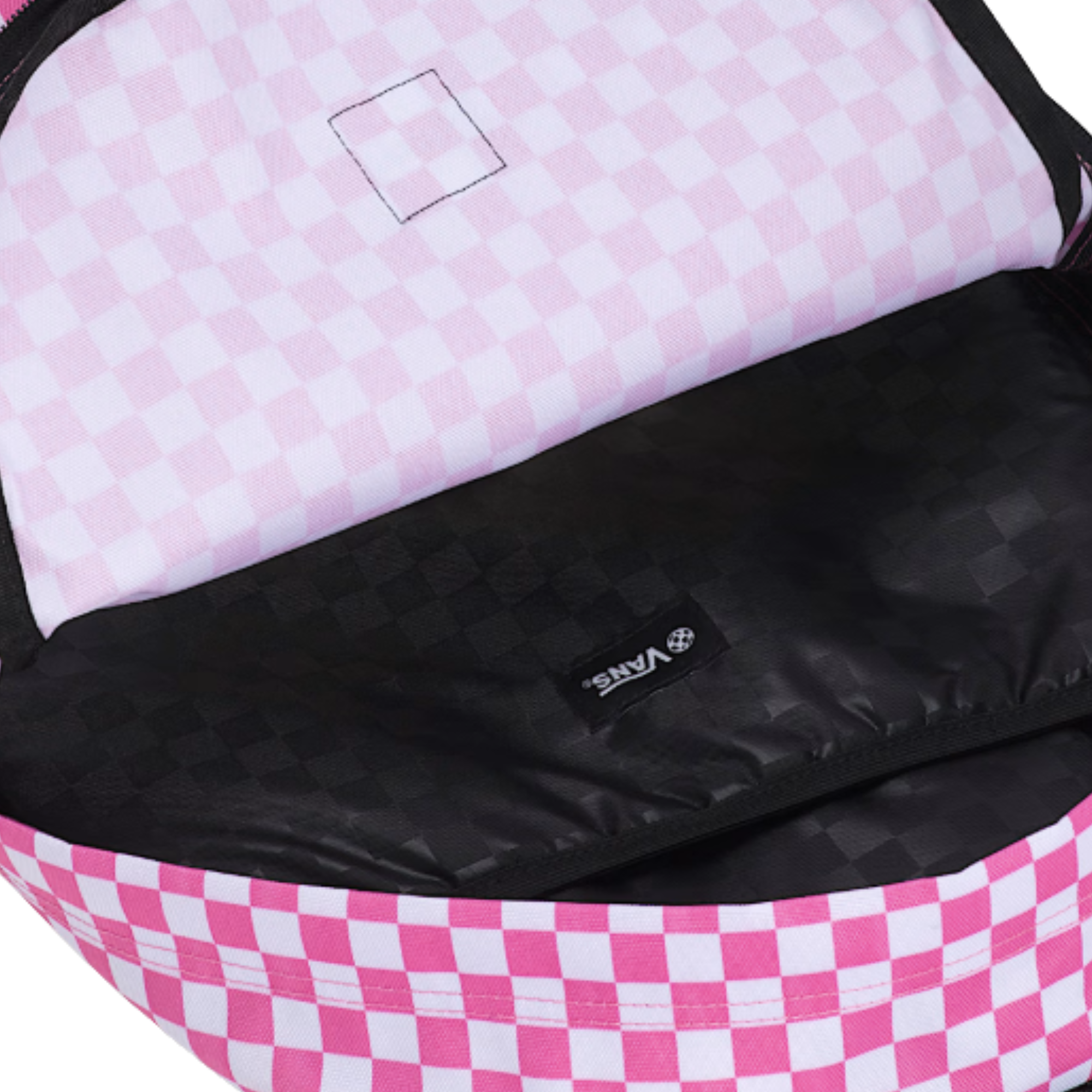 pink and white checkerboard vans old skool backpack on a white background