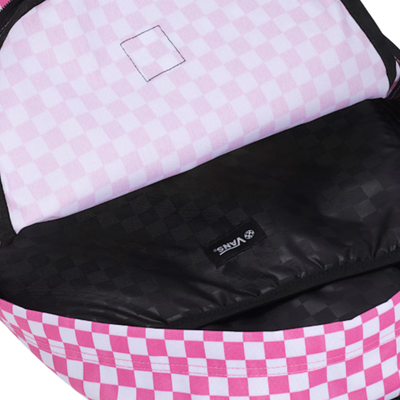 pink and white checkerboard vans old skool backpack on a white background