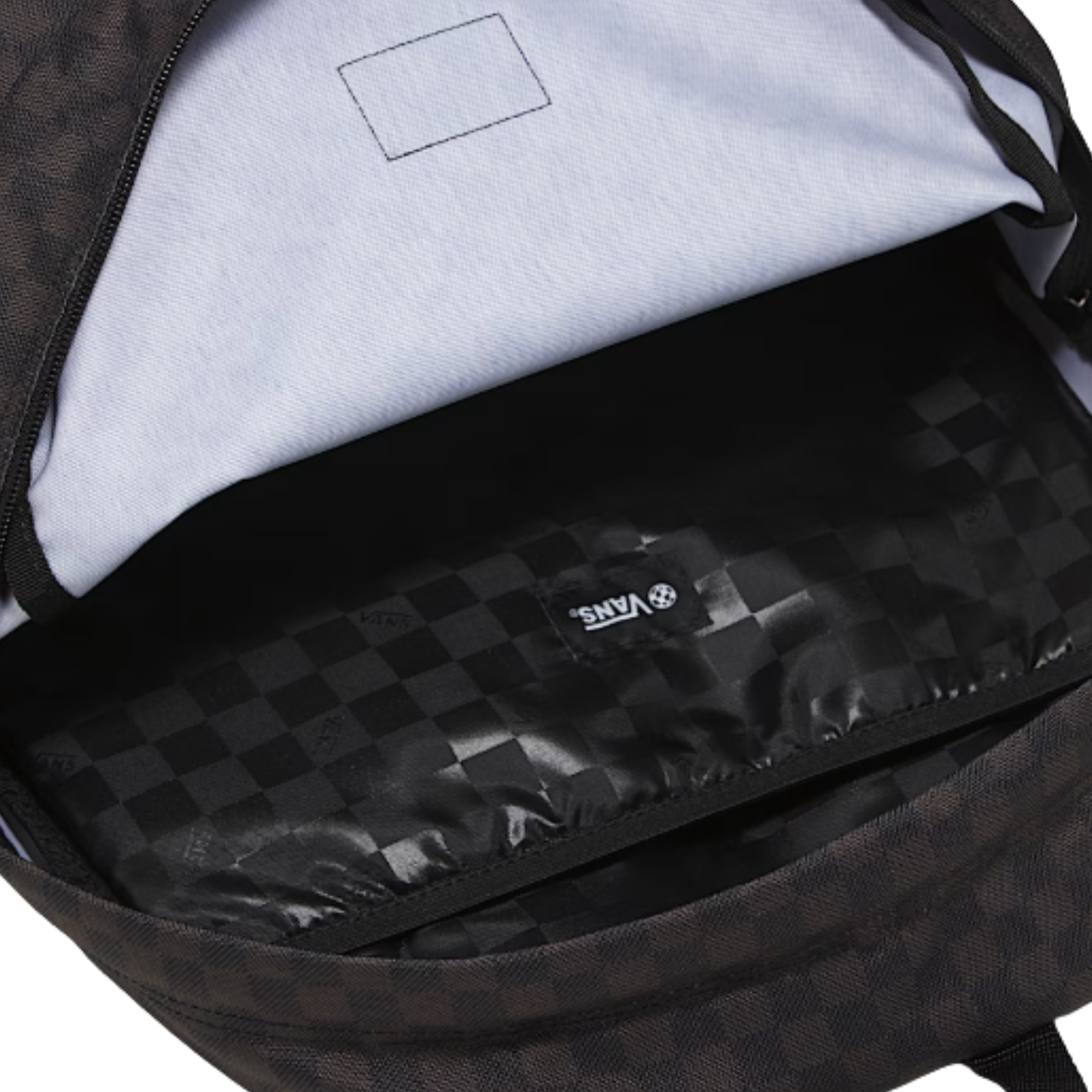 Black checkered backpack with Vans logo on a white background