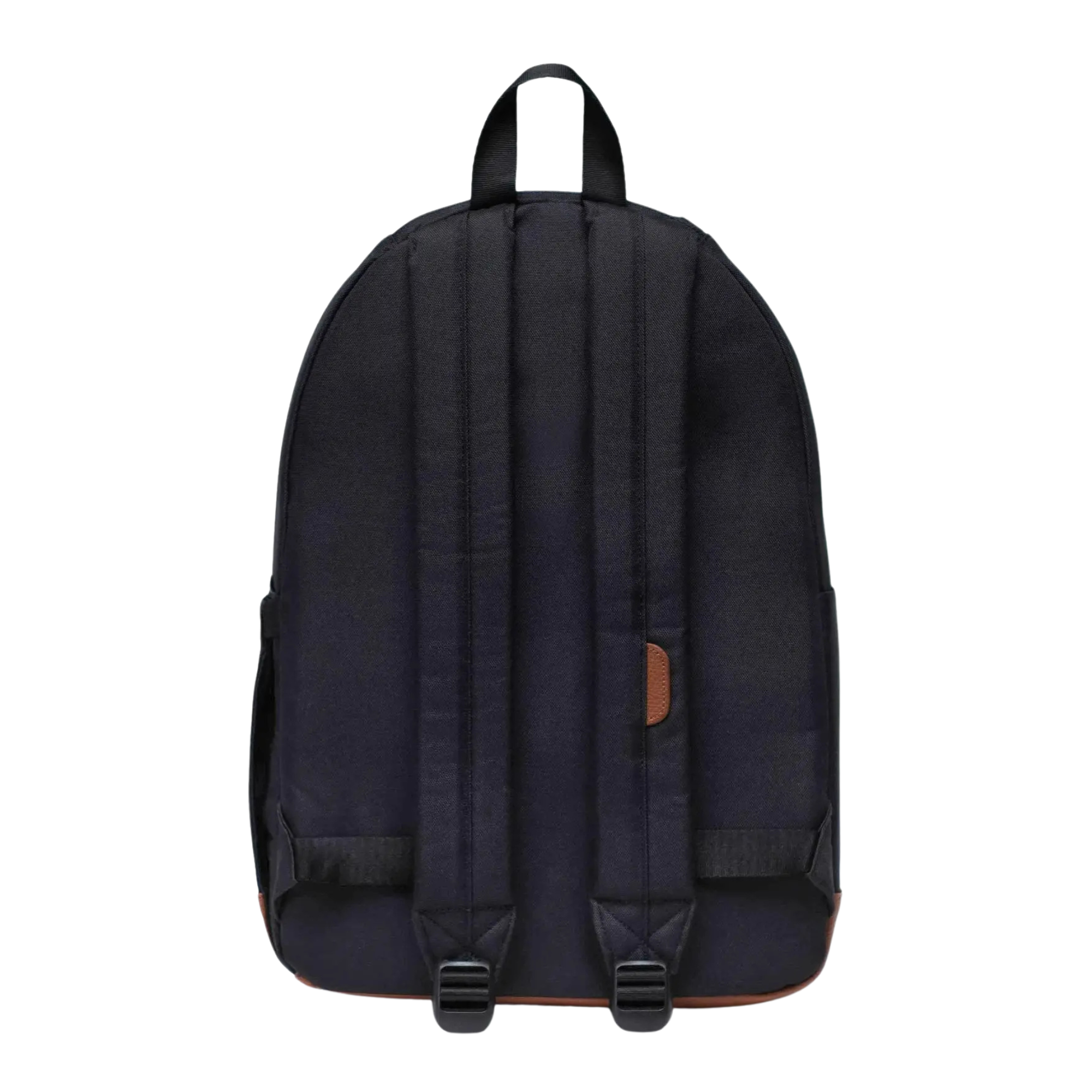 black herschel pop quiz backpack with white zipper and brown bottom