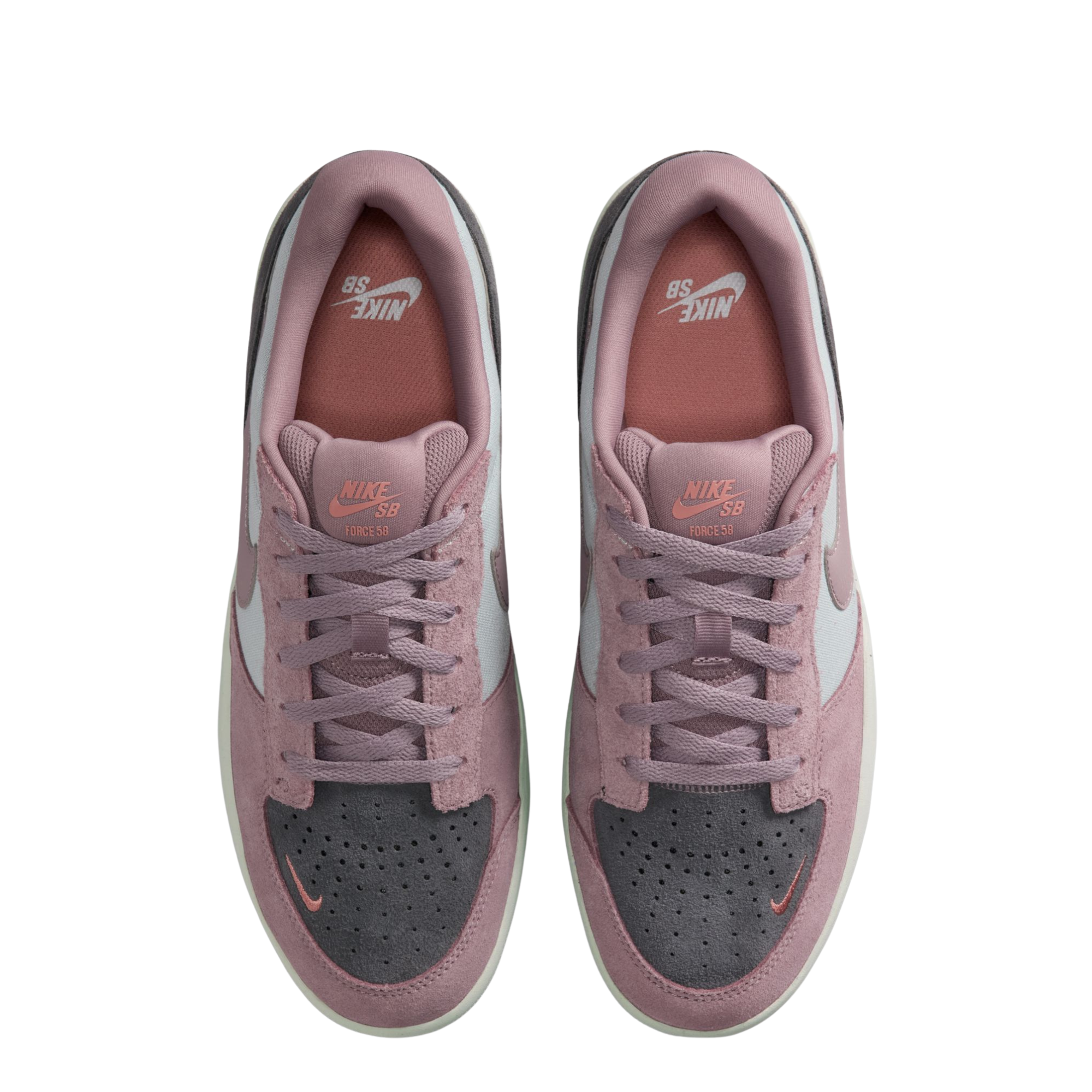 Multicolor NIKE SB women's force 58 sneaker with a pink swoosh on a white background