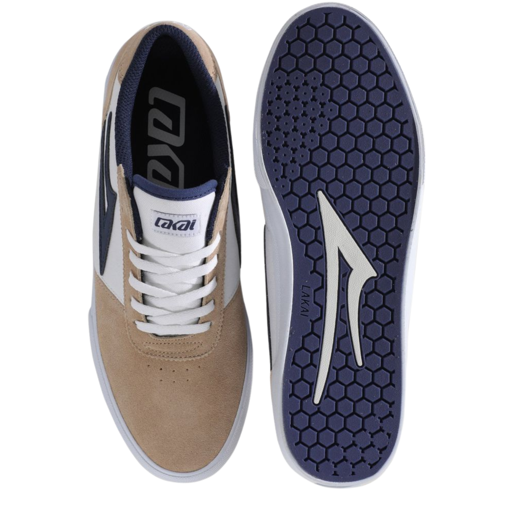Beige and white lakai manchester skateboard sneaker with a blue logo on a white background