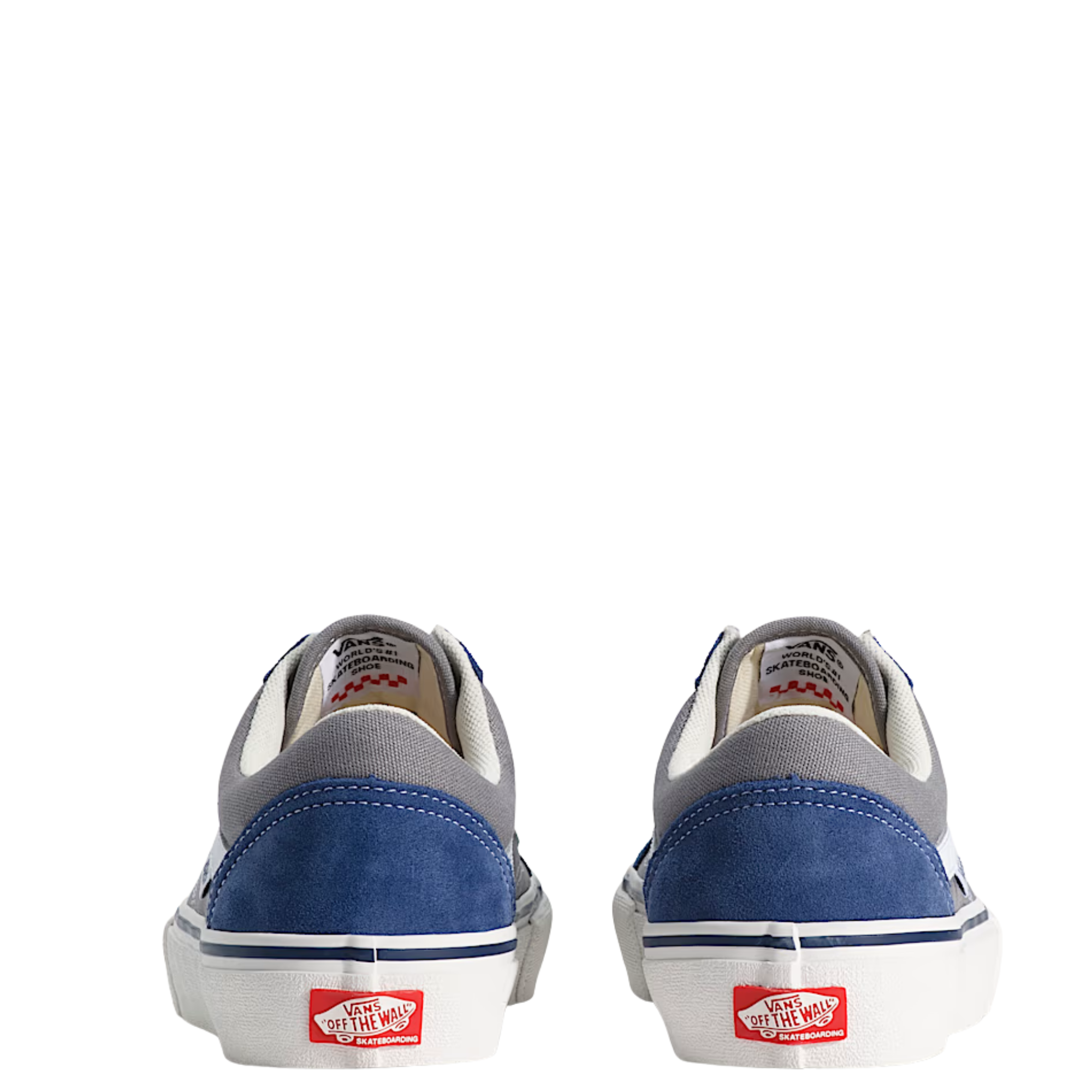 Gray and blue vans skate old skool sneaker with white accents on a white background
