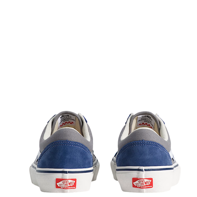 Gray and blue vans skate old skool sneaker with white accents on a white background