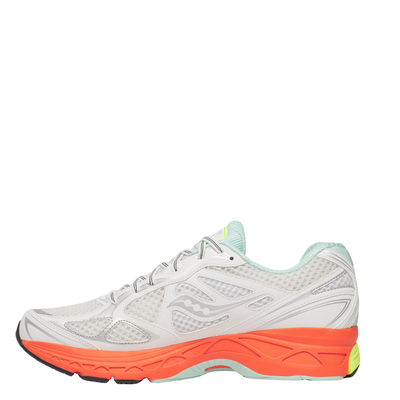 White  saucony progrid guide 7 running shoe with colorful sole on a white background