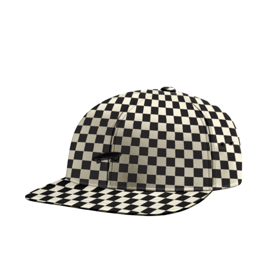 Black and white checkered vans hat on a white background