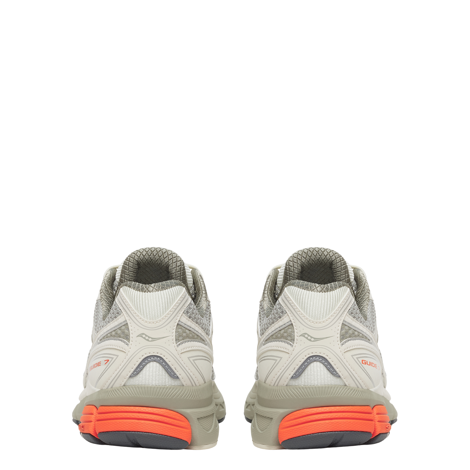 Gray tan saucony progrid guide 7 running shoe with orange sole on a white background