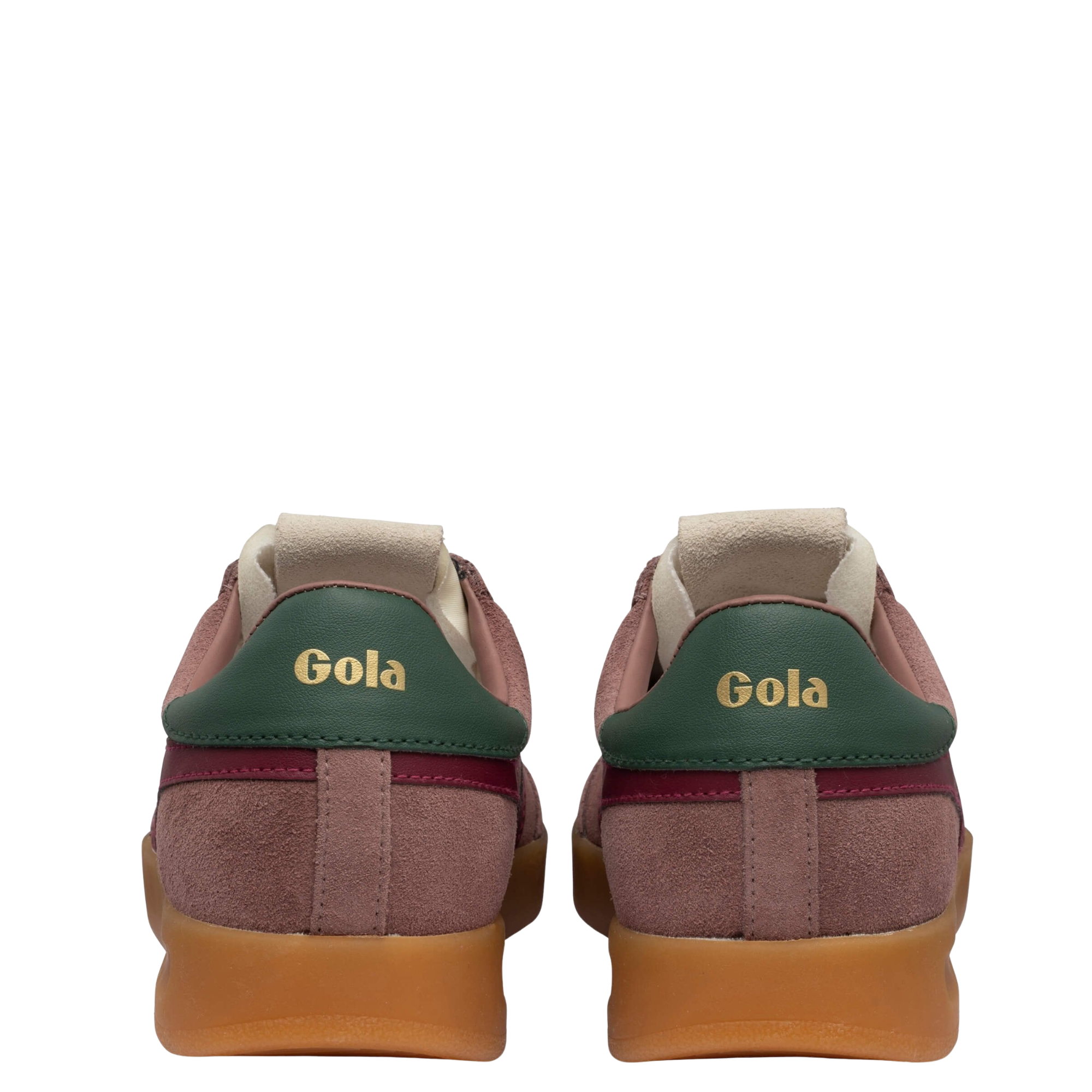 pink gola women's cyclon sneaker with blush pink suede upper, dark pink leather stripes and green leather detail in the back on a white background