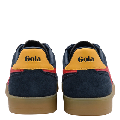 navy blue gola men's viper trainer with red stripes and yellow accent on a gum sole on a white background