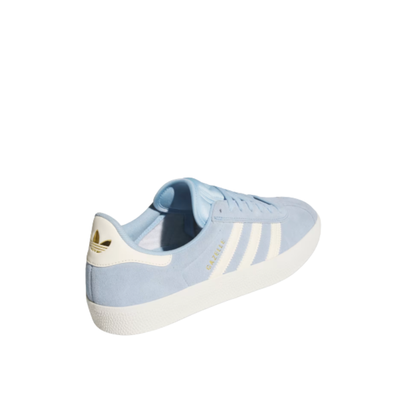 Light blue Adidas gazelle adv sneaker with white stripes on a white background