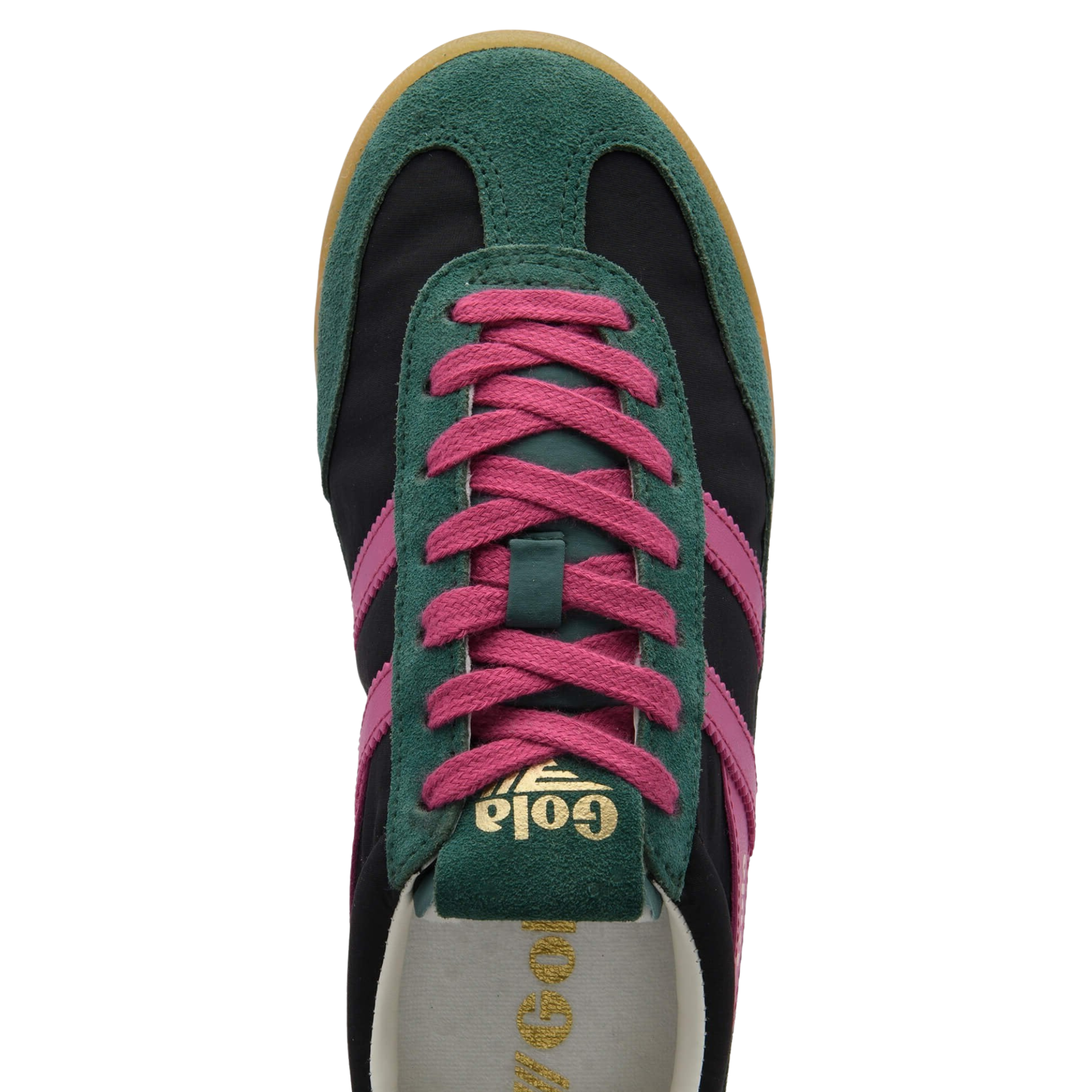 Green and black gola firefly women's sneaker with pink accents on a white background