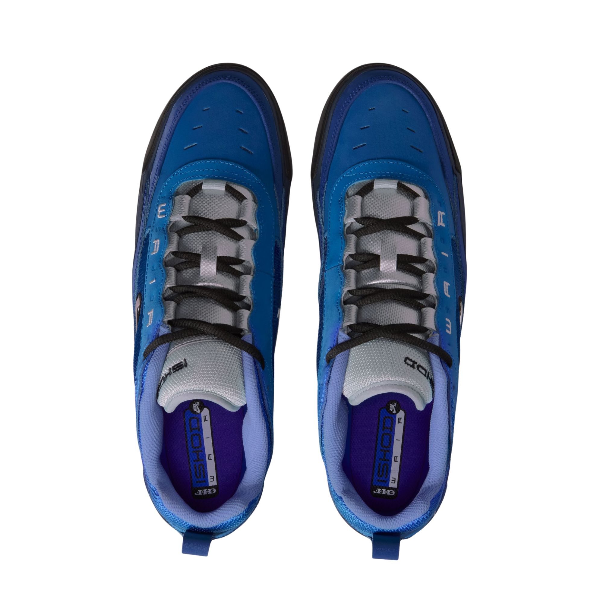 A Nike sb ishod wair Air Max sneaker in a vibrant royal blue colorway, featuring a black Swoosh logo, black laces, and a black midsole, shown from a side profile on a white background.