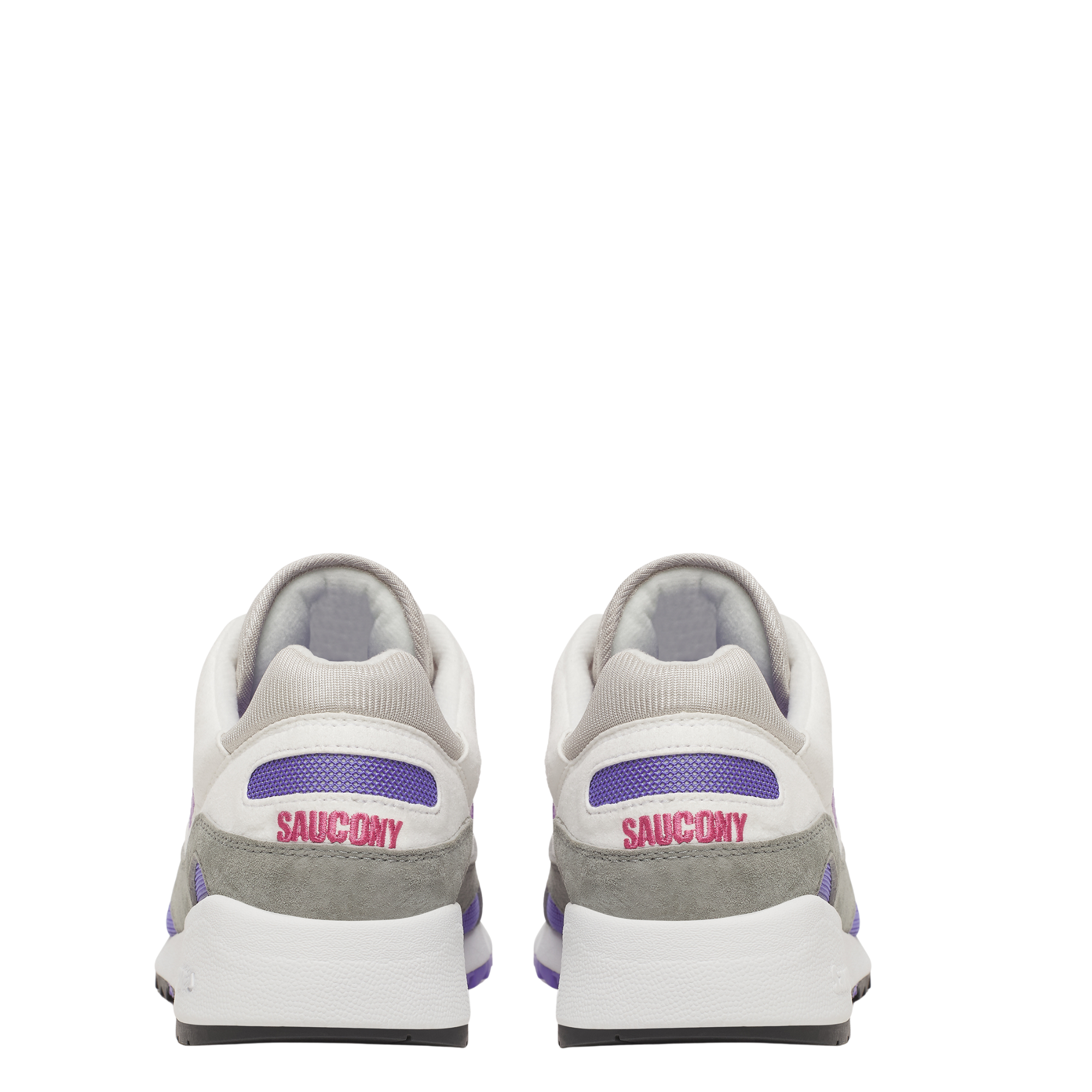 White, gray, and purple saucony shadow 6000 sneakers on a white background