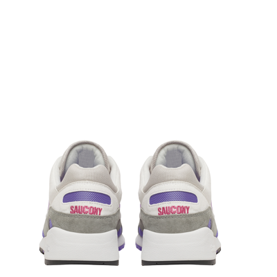 White, gray, and purple saucony shadow 6000 sneakers on a white background