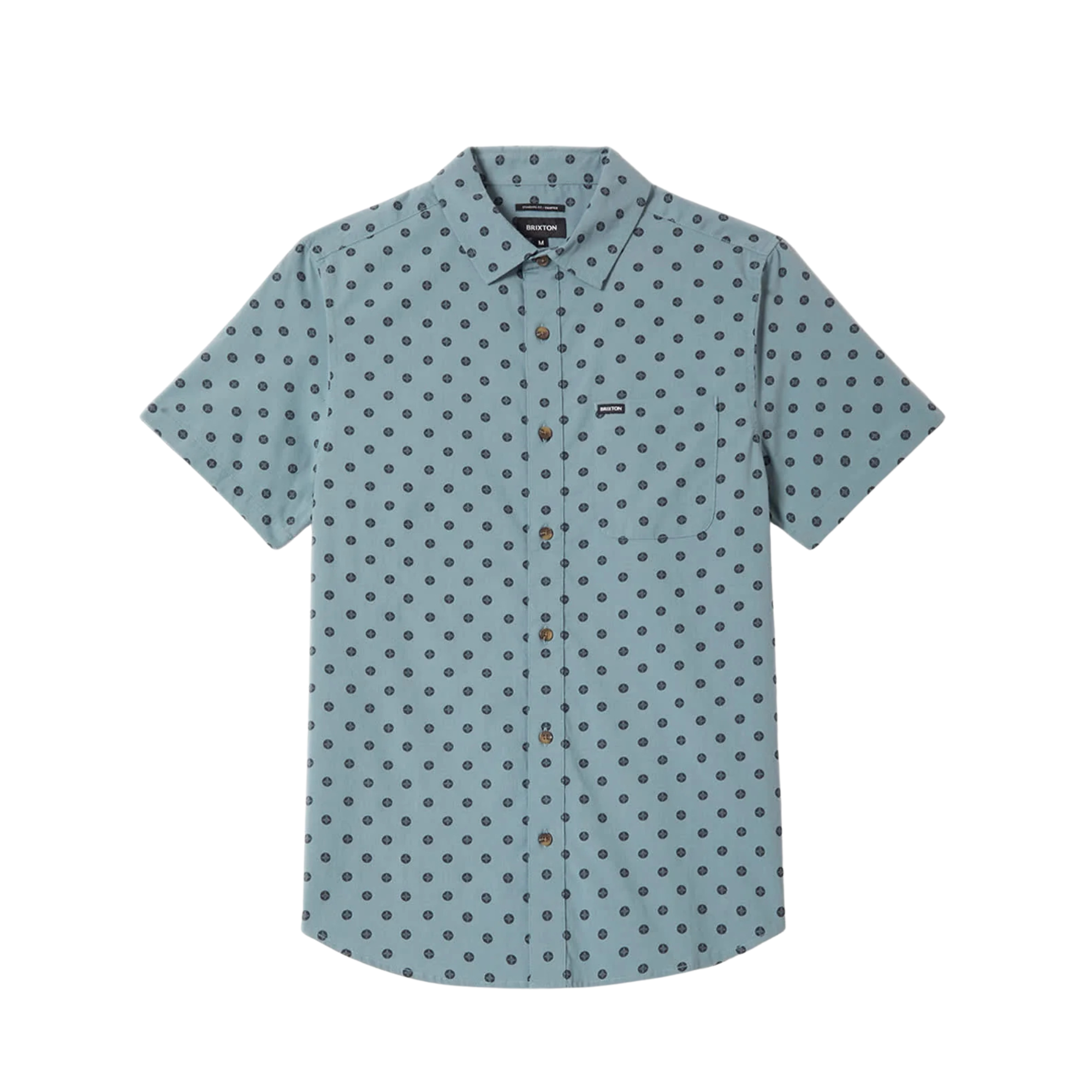 blue brixton charter print short sleeve woven men's shirt with contrast pattern on a white background
