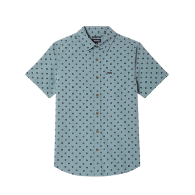 blue brixton charter print short sleeve woven men's shirt with contrast pattern on a white background