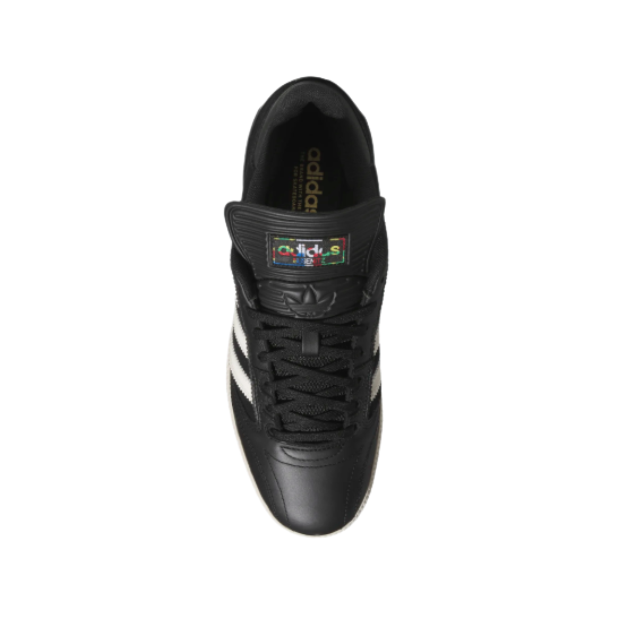 black leather adidas busenitz skateboard sneaker with an off white sole on a white background