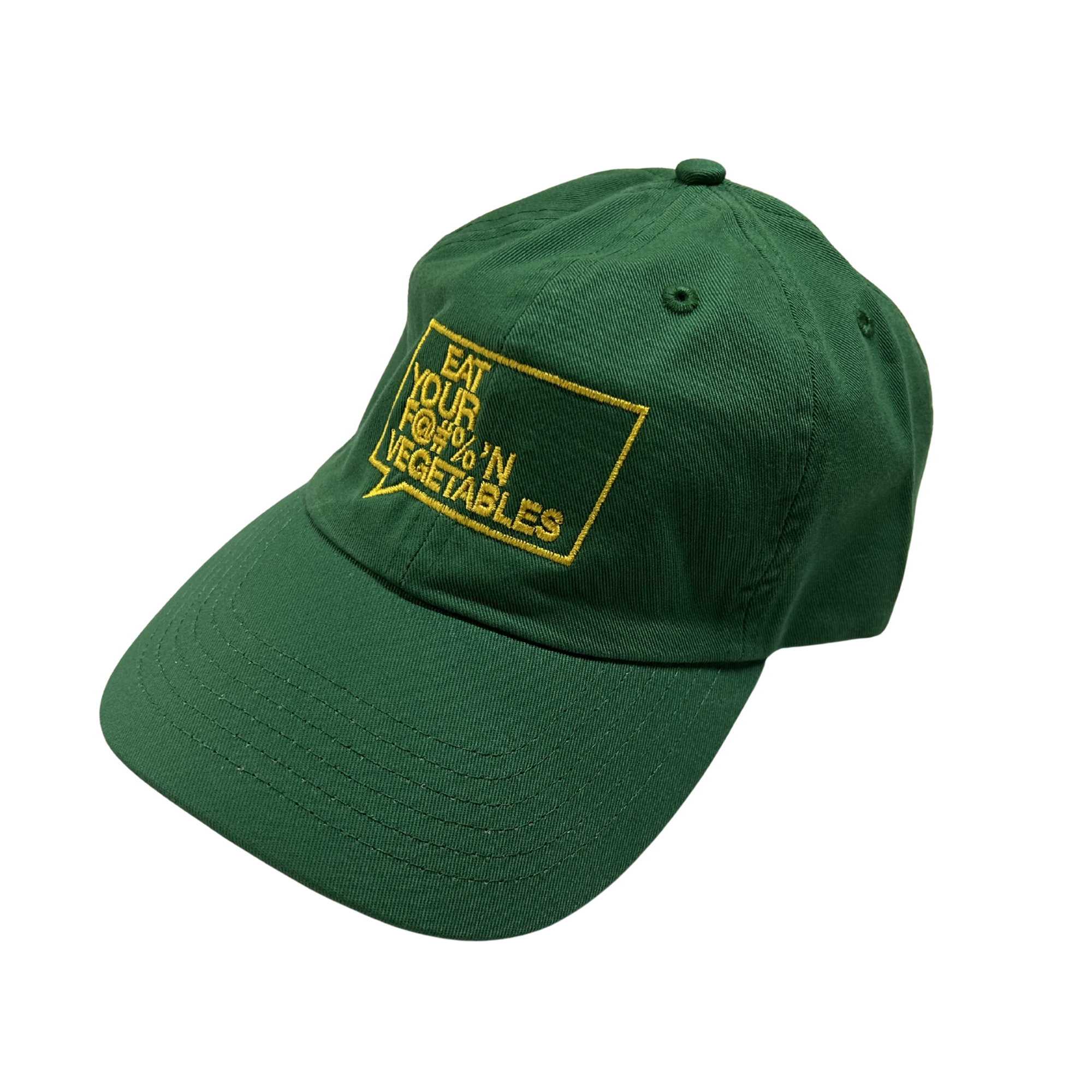 green cap with yellow  eat your f'n vegetables text on a white background