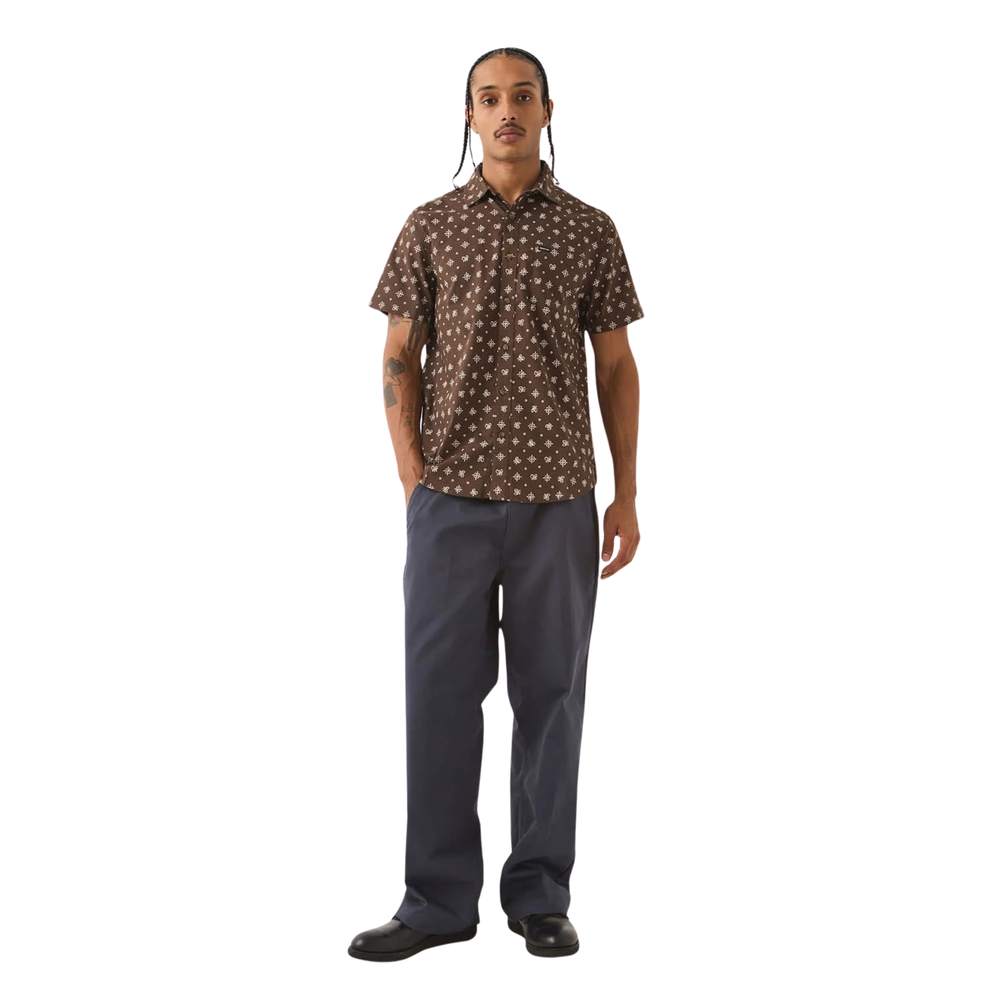 brown brixton men's charter print short sleeve woven button-up shirt with a bandana pattern on a man on a white background