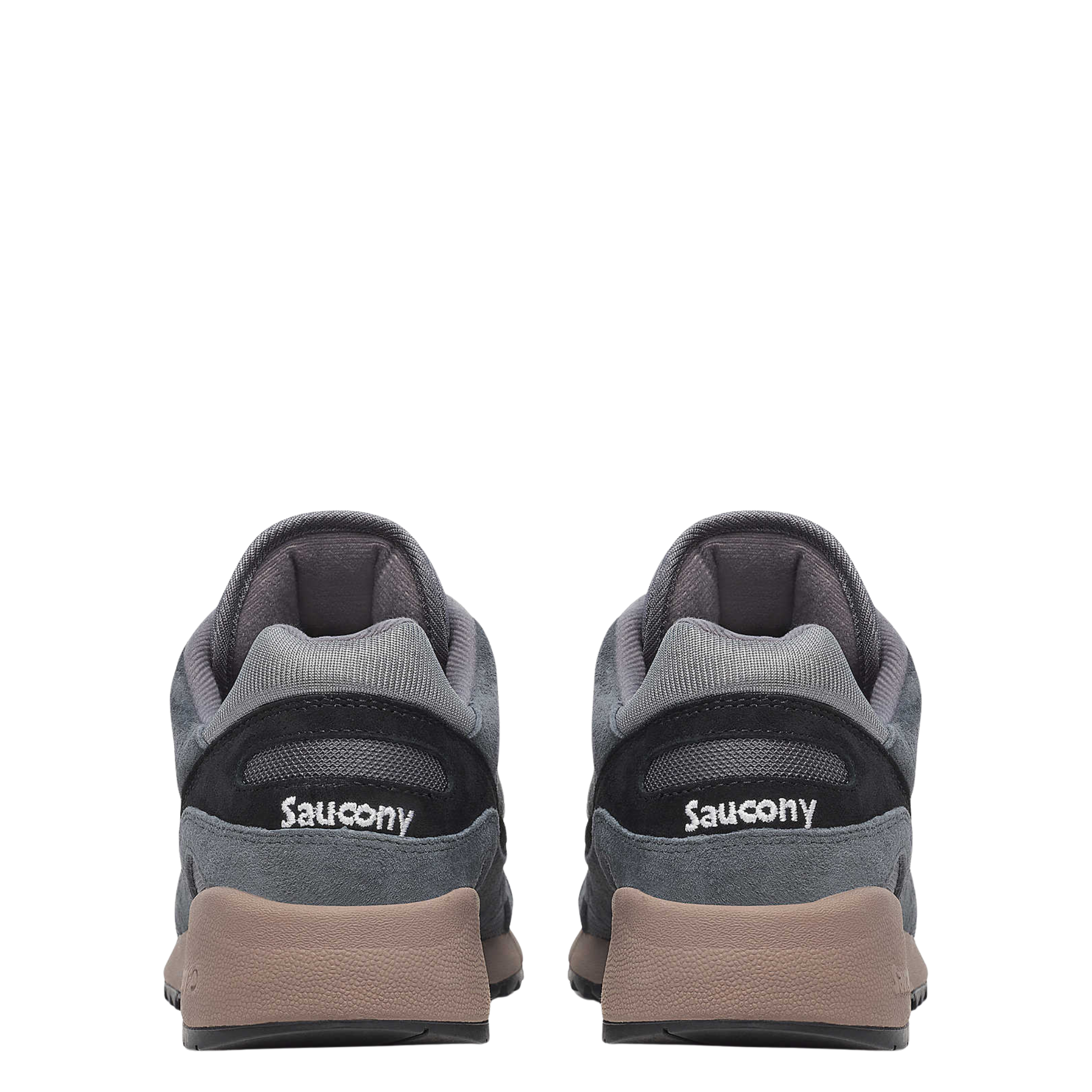 Gray men's saucony 6000 sneaker with brown sole on a white background