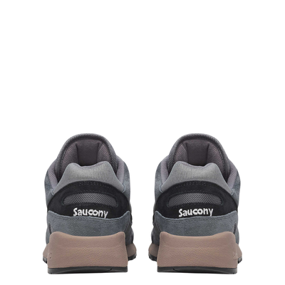 Gray men's saucony 6000 sneaker with brown sole on a white background