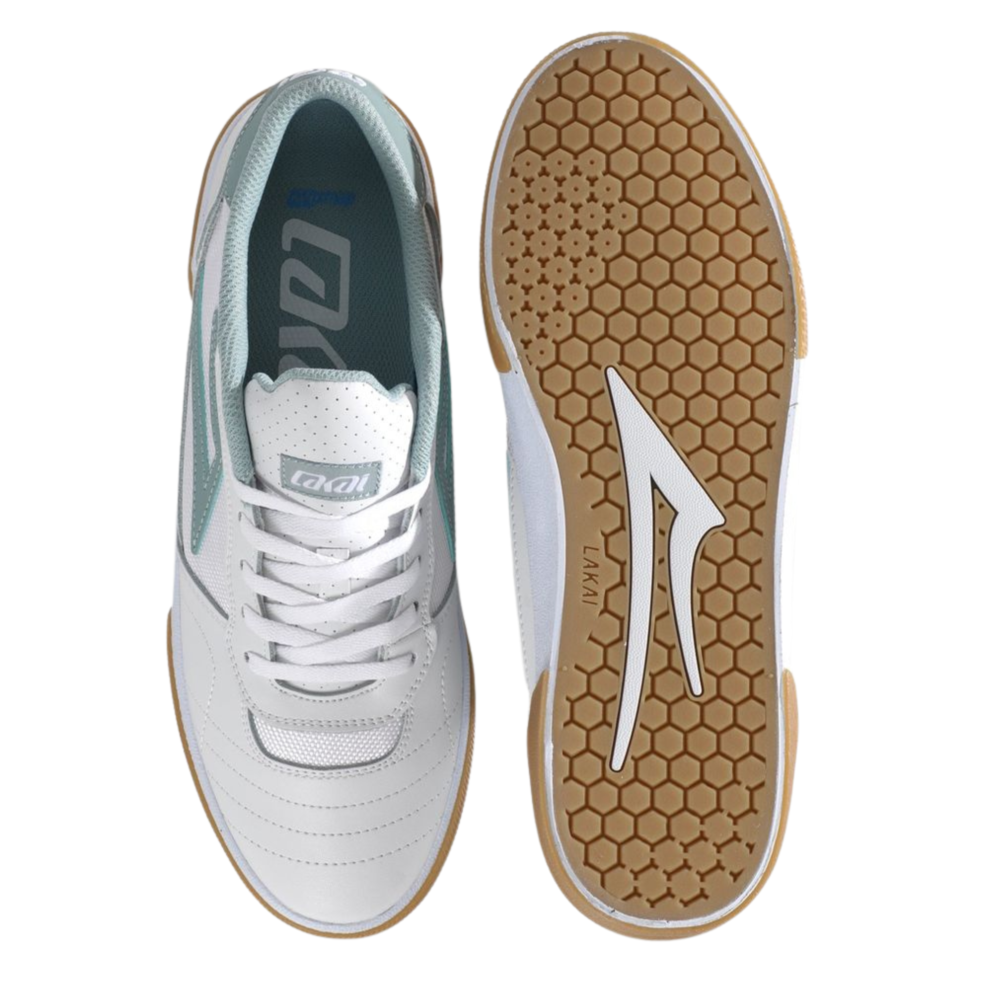 White lakai cambridge elite sneaker with light blue accents and brown sole on a white background