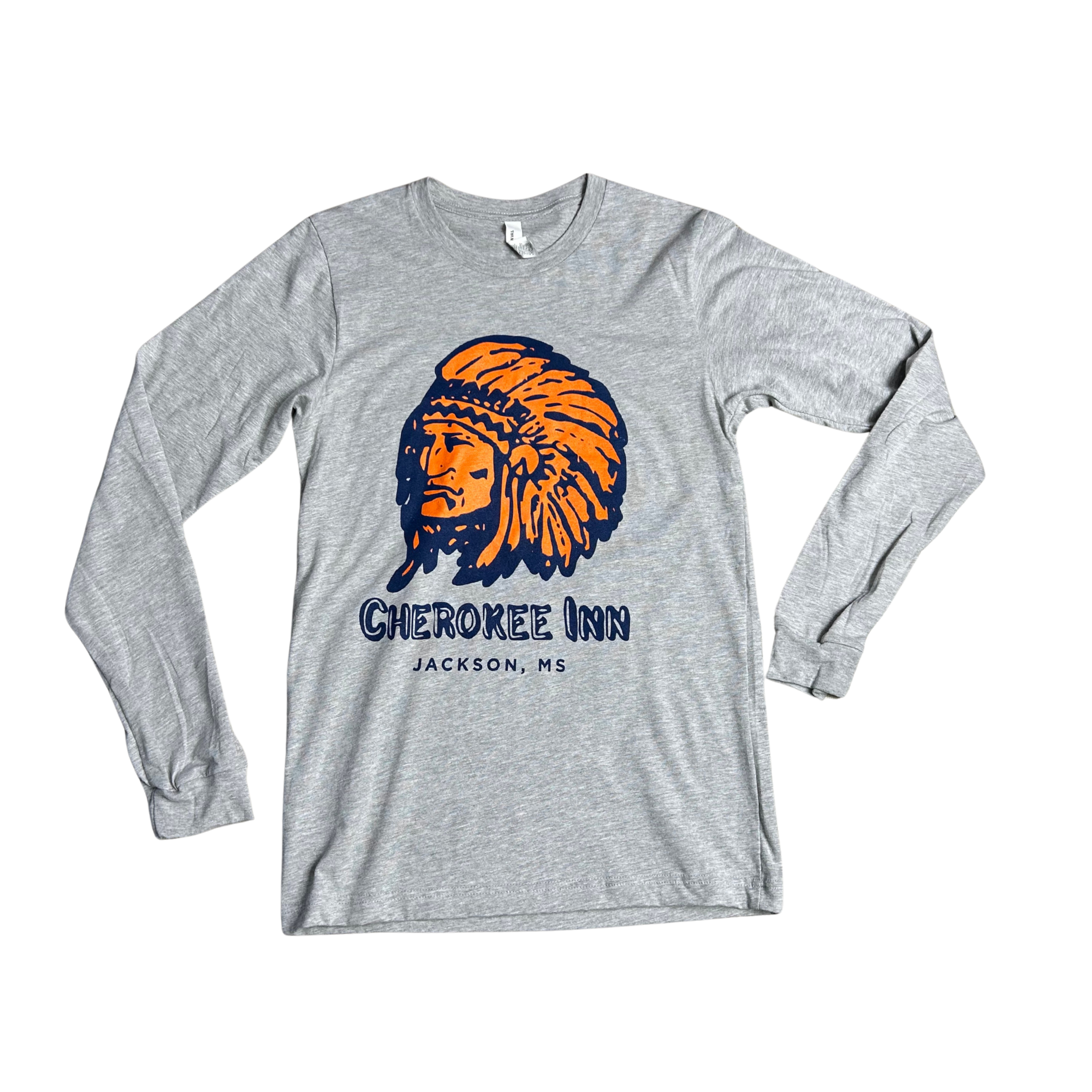 Gray long-sleeve shirt with a logo of a Native American chief and text 'Cherokee Inn Jackson, MS' on a white background.
