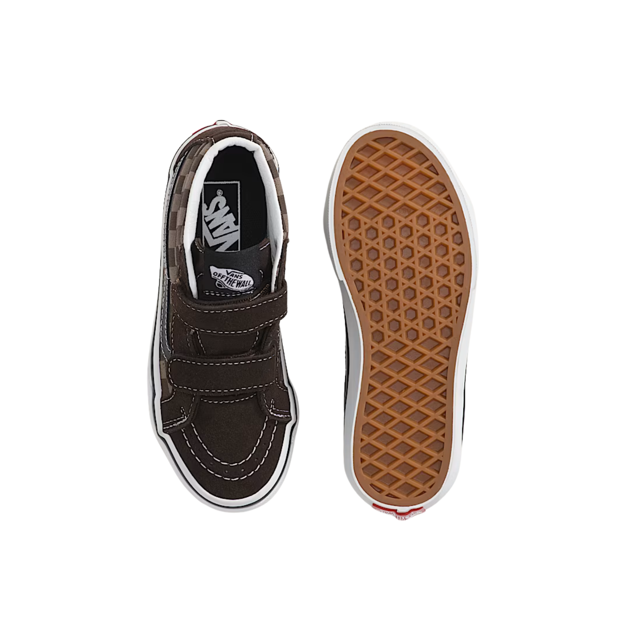Brown checkered Vans kid's and toddler sk8-mid sneaker on a white background