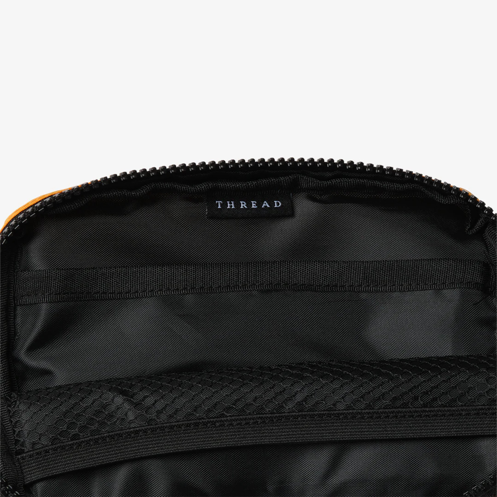 Multicolored thread belt bag with a visible brand logo on a white background