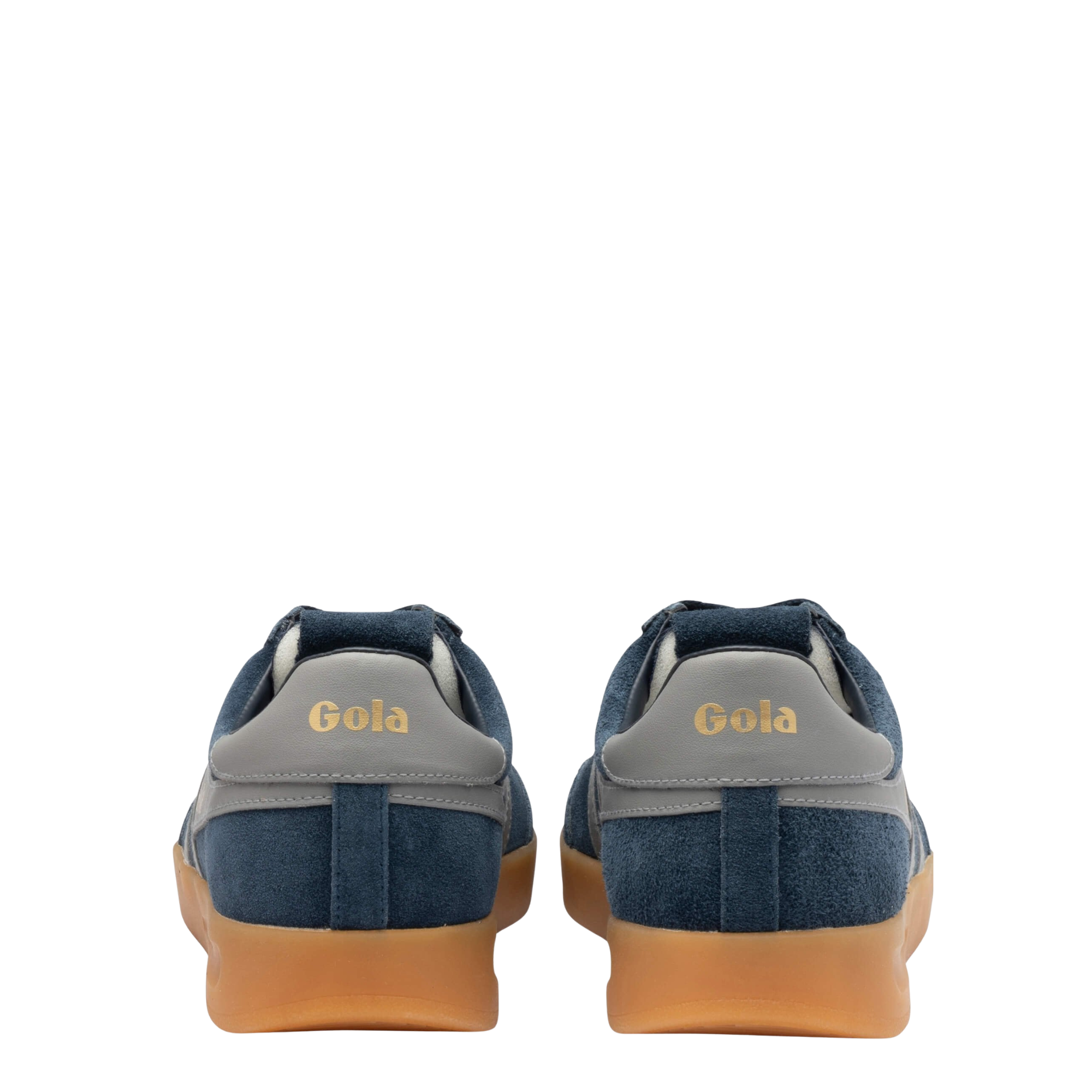 navy blue gola men's cyclone sneaker with grey stripes and gum sole on white background