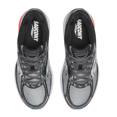 A pair of Saucony progrid omni 9 running shoes in gray, black, and white with bright red accents, on a plain white background.
