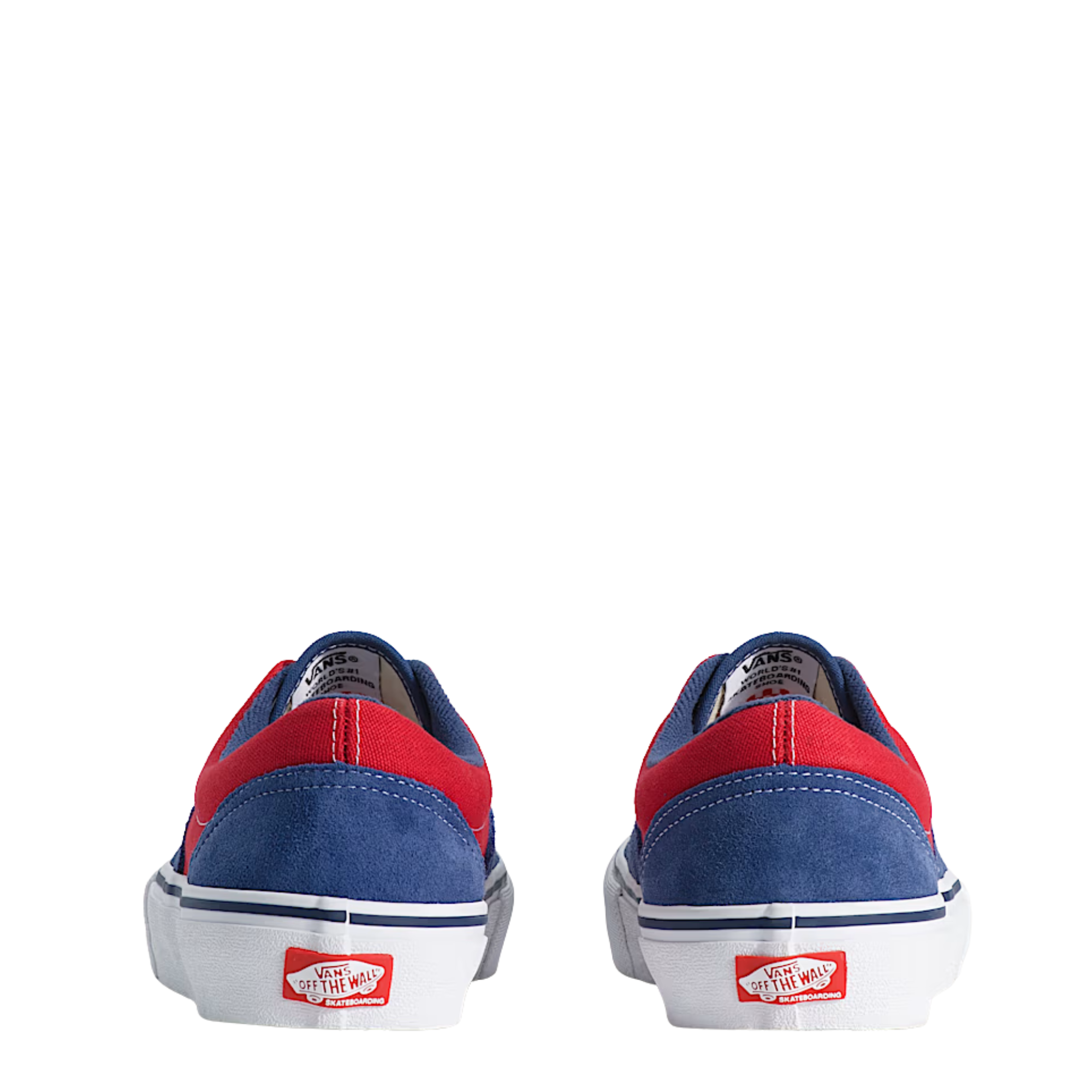 Blue and red vans era skateboard sneaker with white laces on a white background