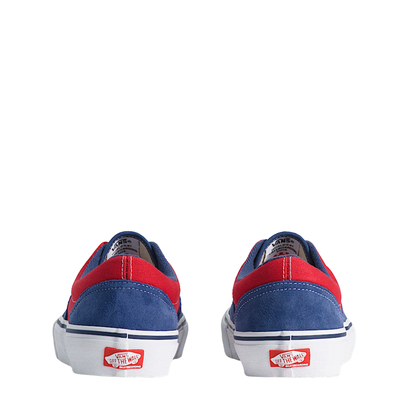 Blue and red vans era skateboard sneaker with white laces on a white background