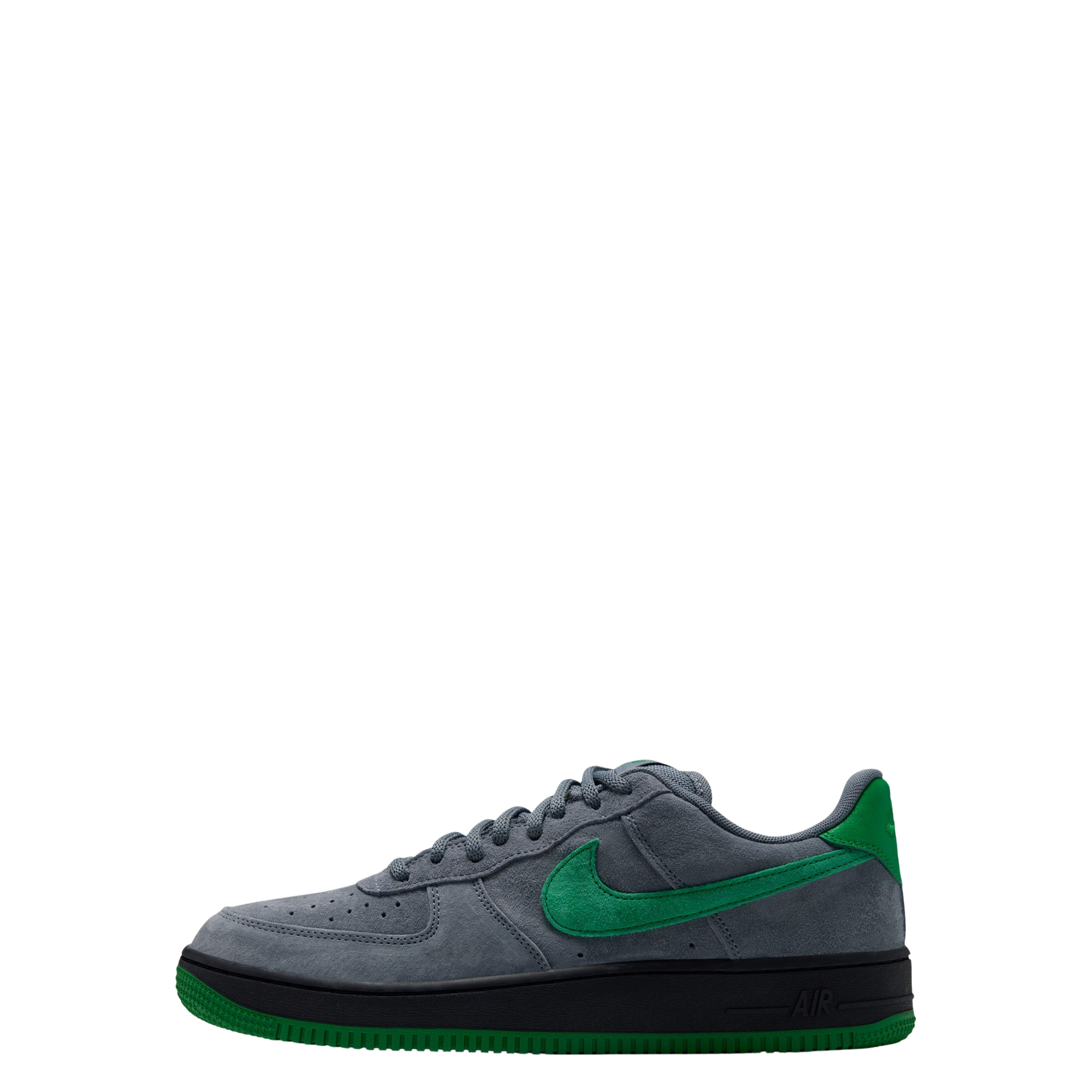 grey nike sb x nocturnal air force 1 with green swoosh and black and green sole on a white background