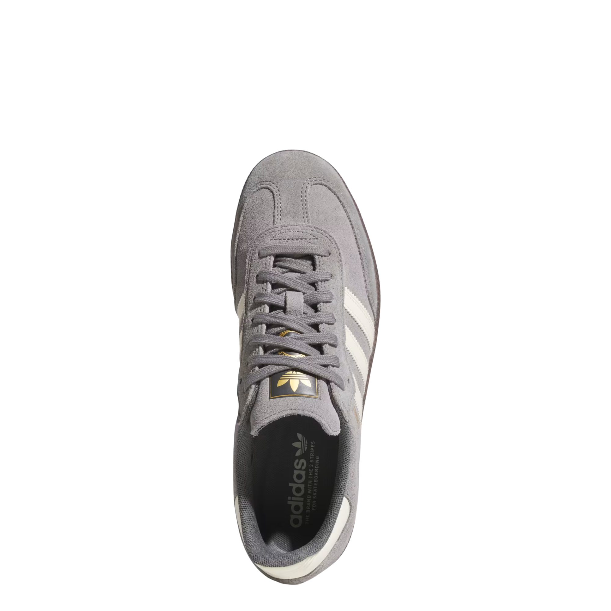 Gray Adidas samba adv skateboard sneaker with white stripes on a white background